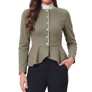 Womens Herringbone Ruffled Hem Business Casual Work Jackets Brown Khaki